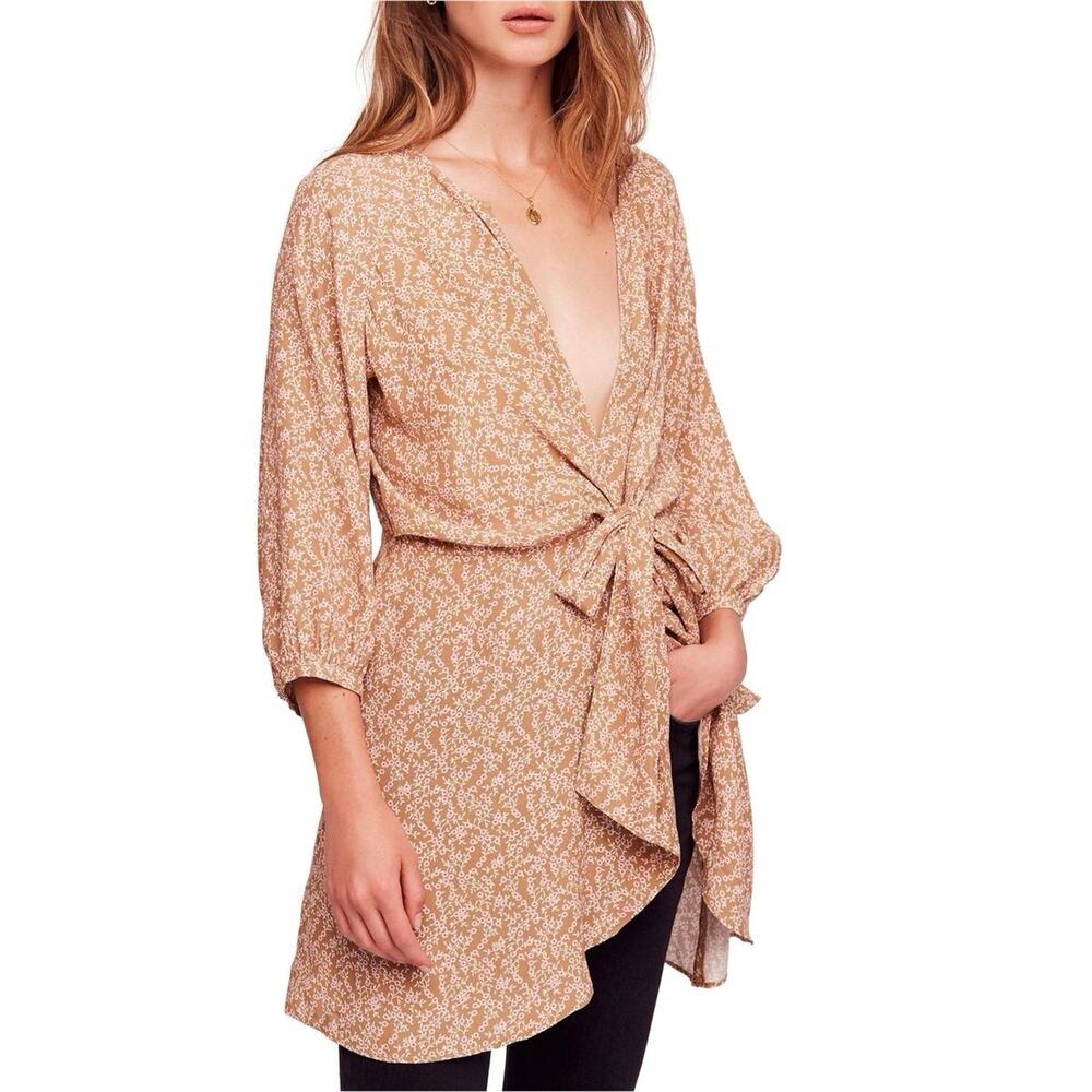 Free People Clara Floral Tunic Blouse Tie Waist V-Neck Boho Festival Size Small
